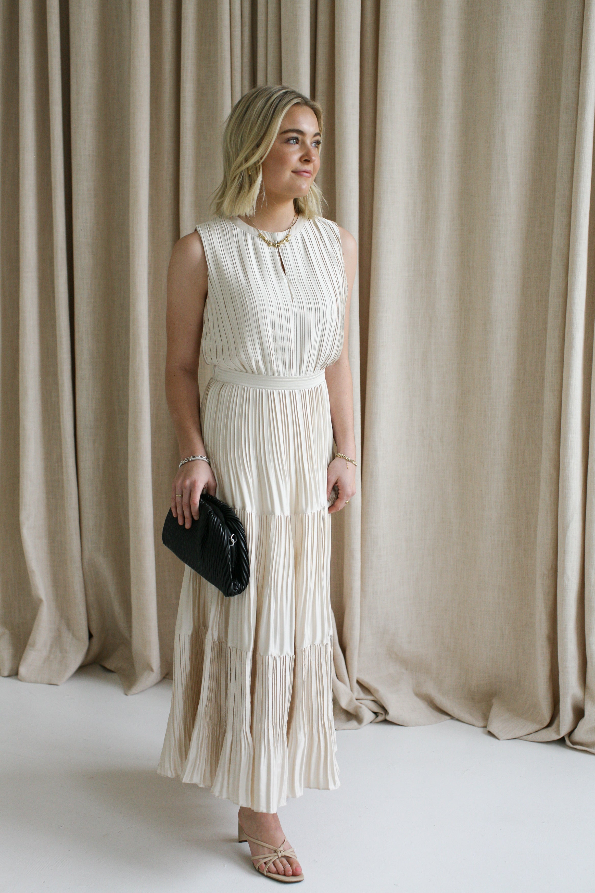 Sleeveless Taupe Pleat Dress