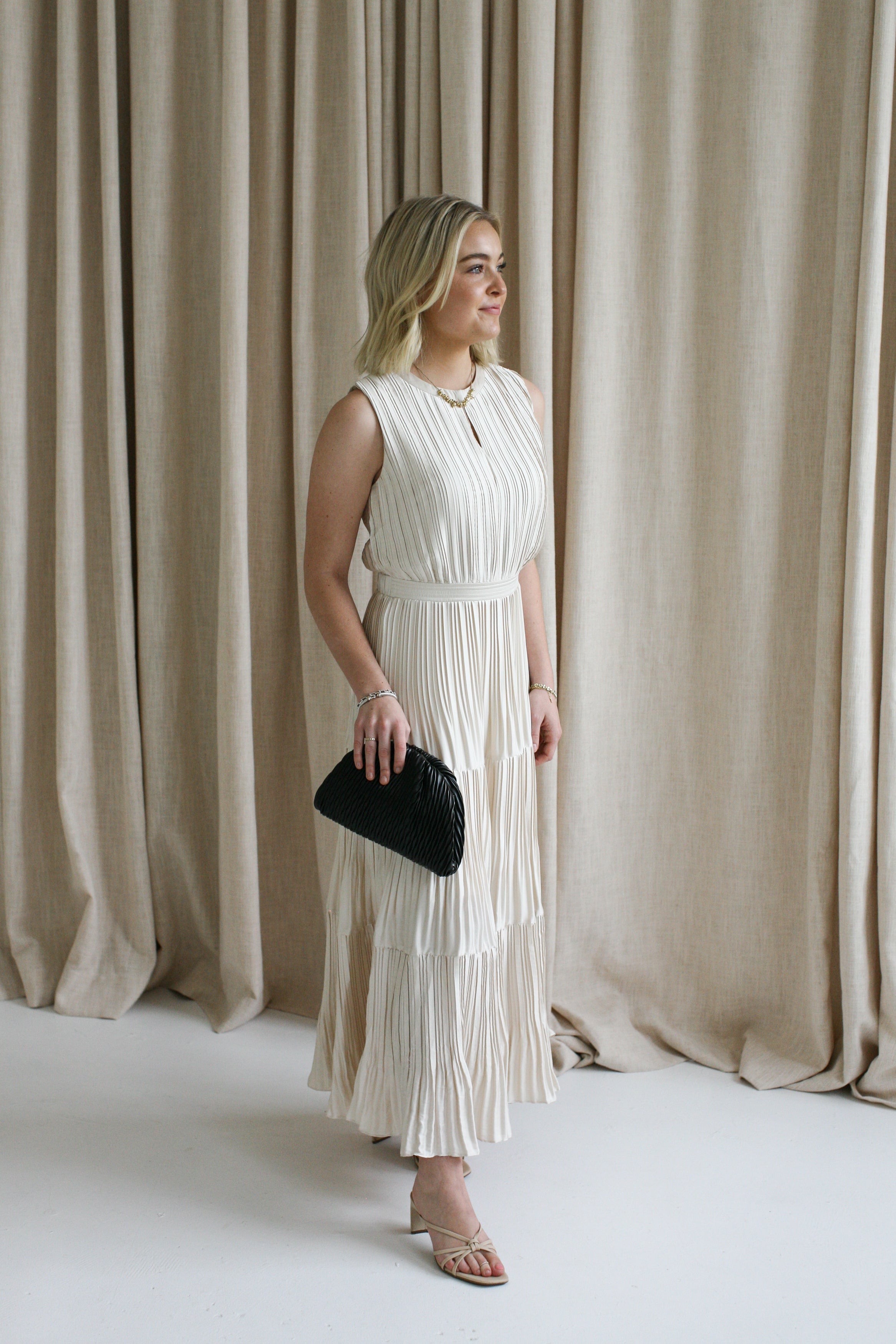 Sleeveless Taupe Pleat Dress