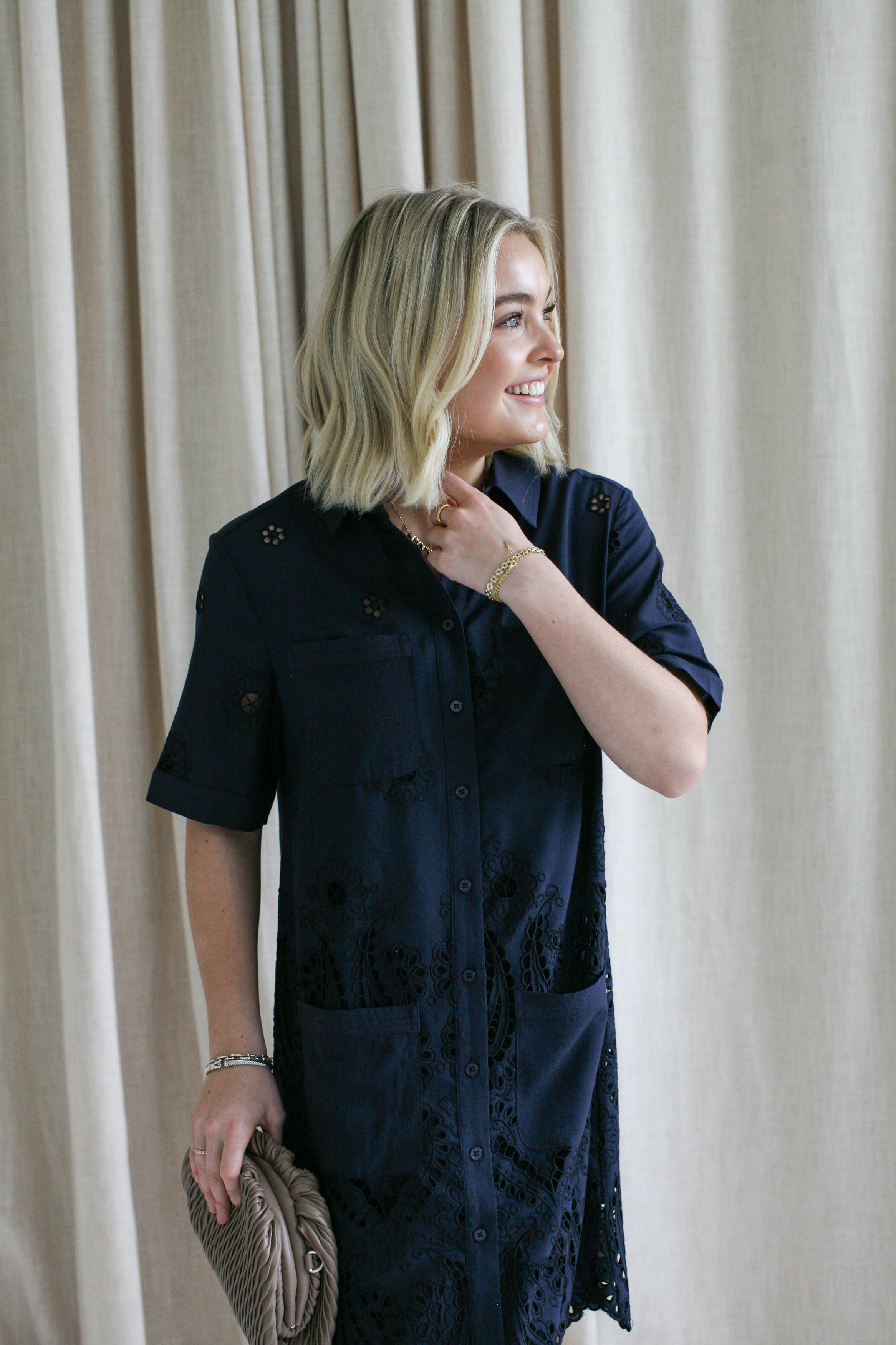Navy Eyelet Shift Dress