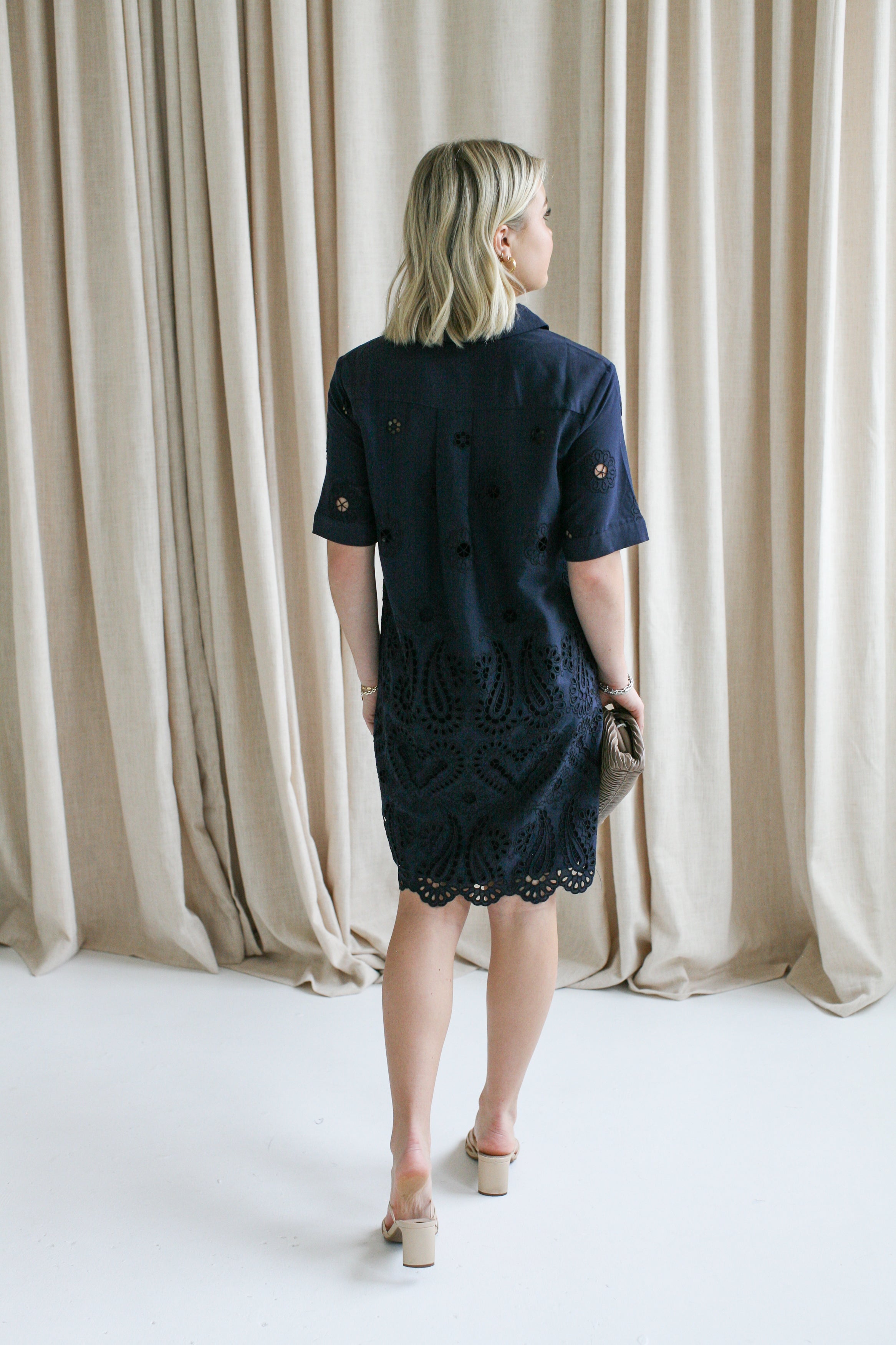 Navy Eyelet Shift Dress