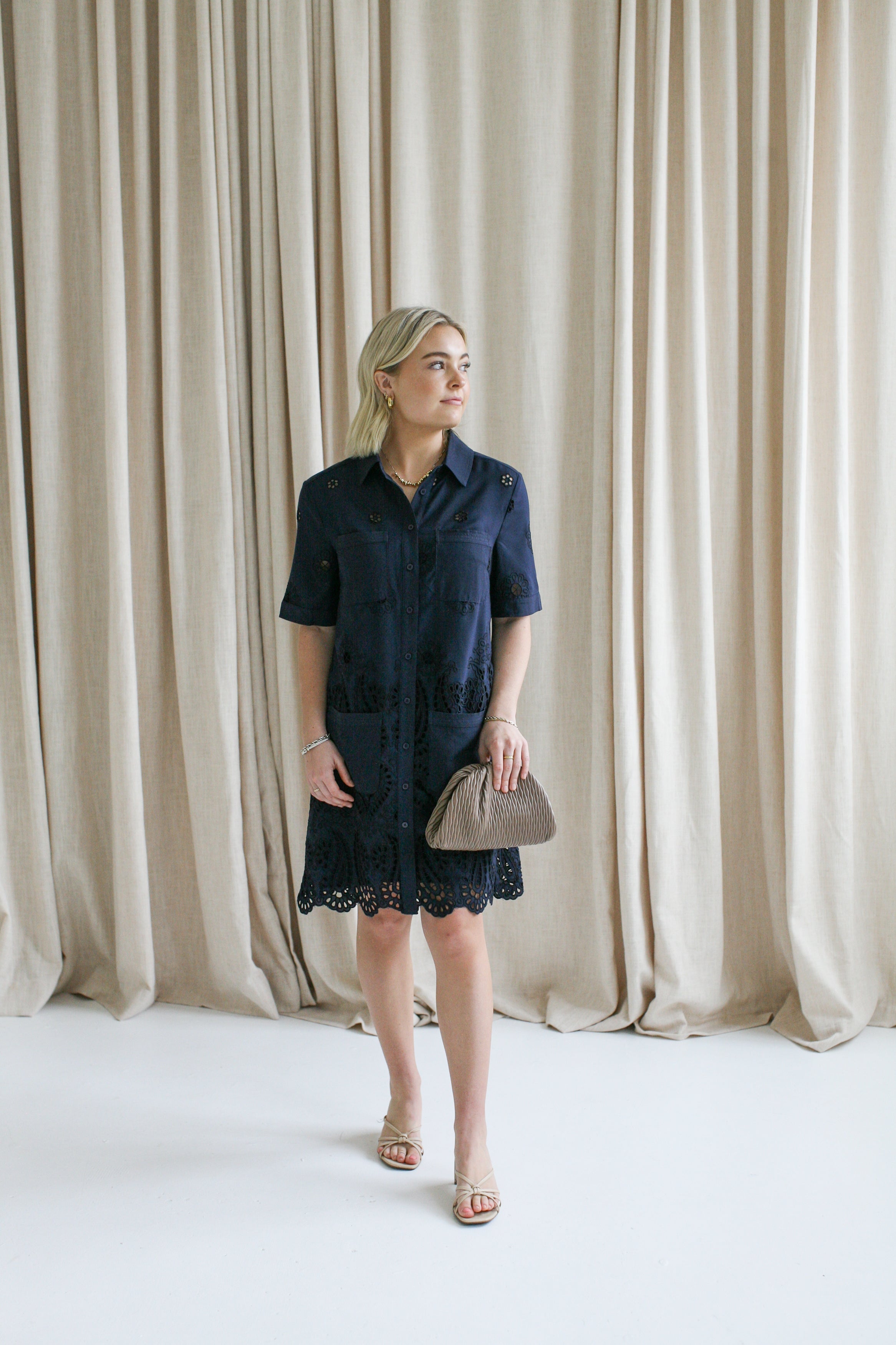 Navy Eyelet Shift Dress