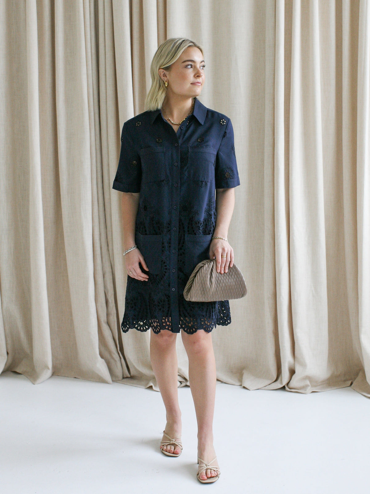 Navy Eyelet Shift Dress