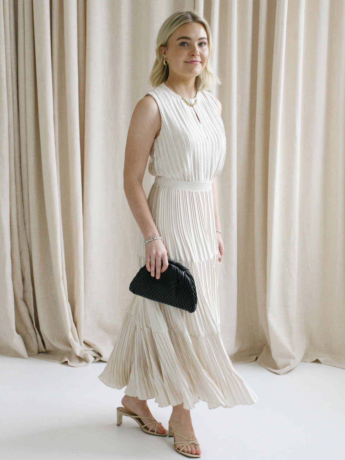 Sleeveless Taupe Pleat Dress