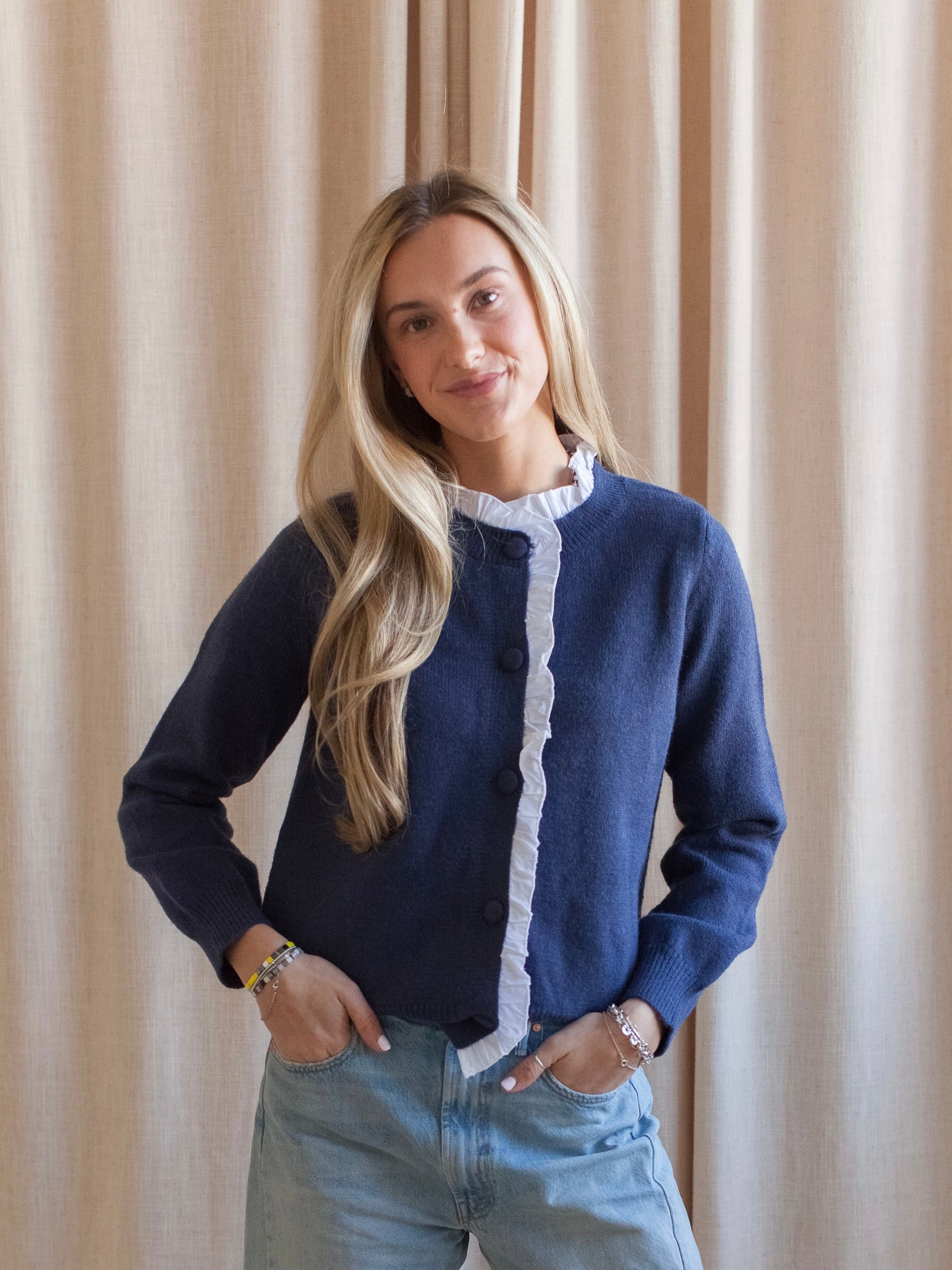 Addie Ruffle Knit Cardigan - Navy