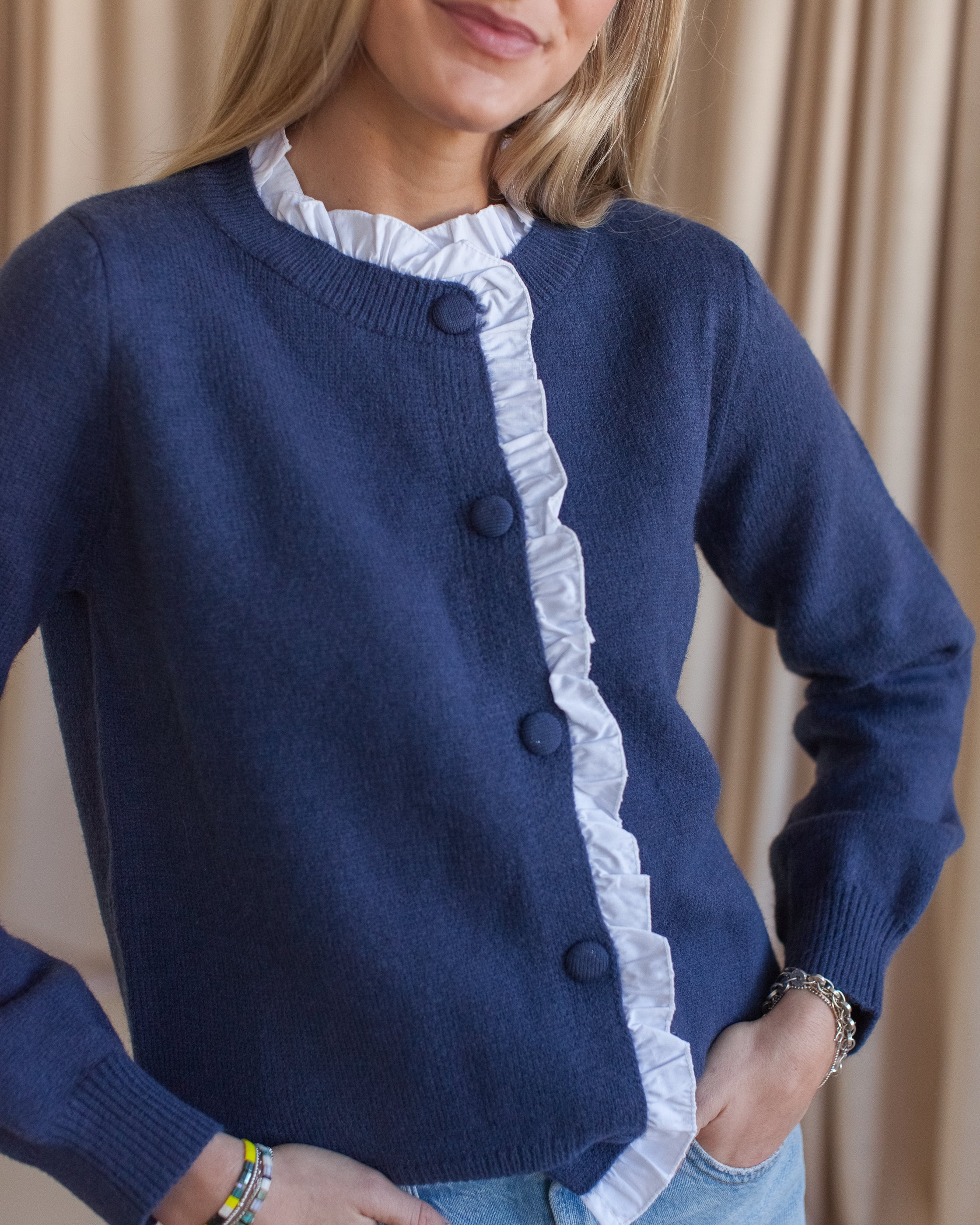 Addie Ruffle Knit Cardigan - Navy