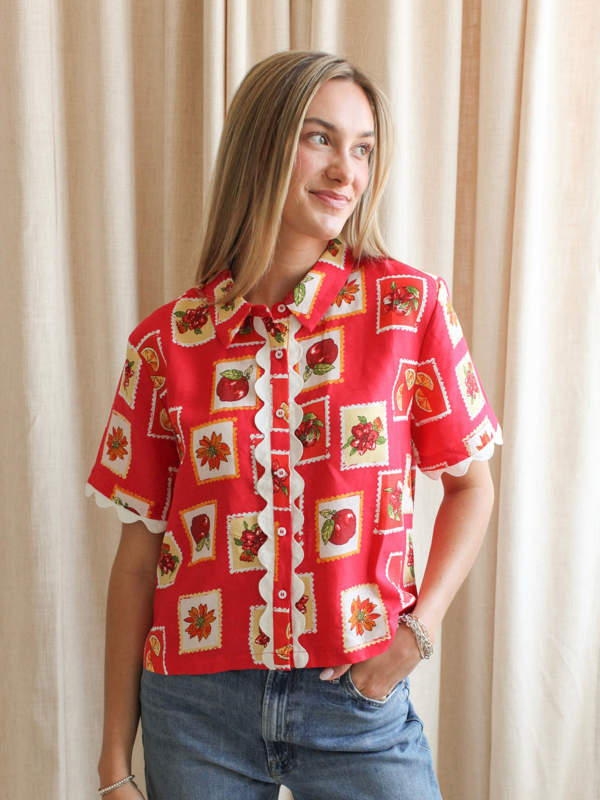 Summer Stamp Linen Top