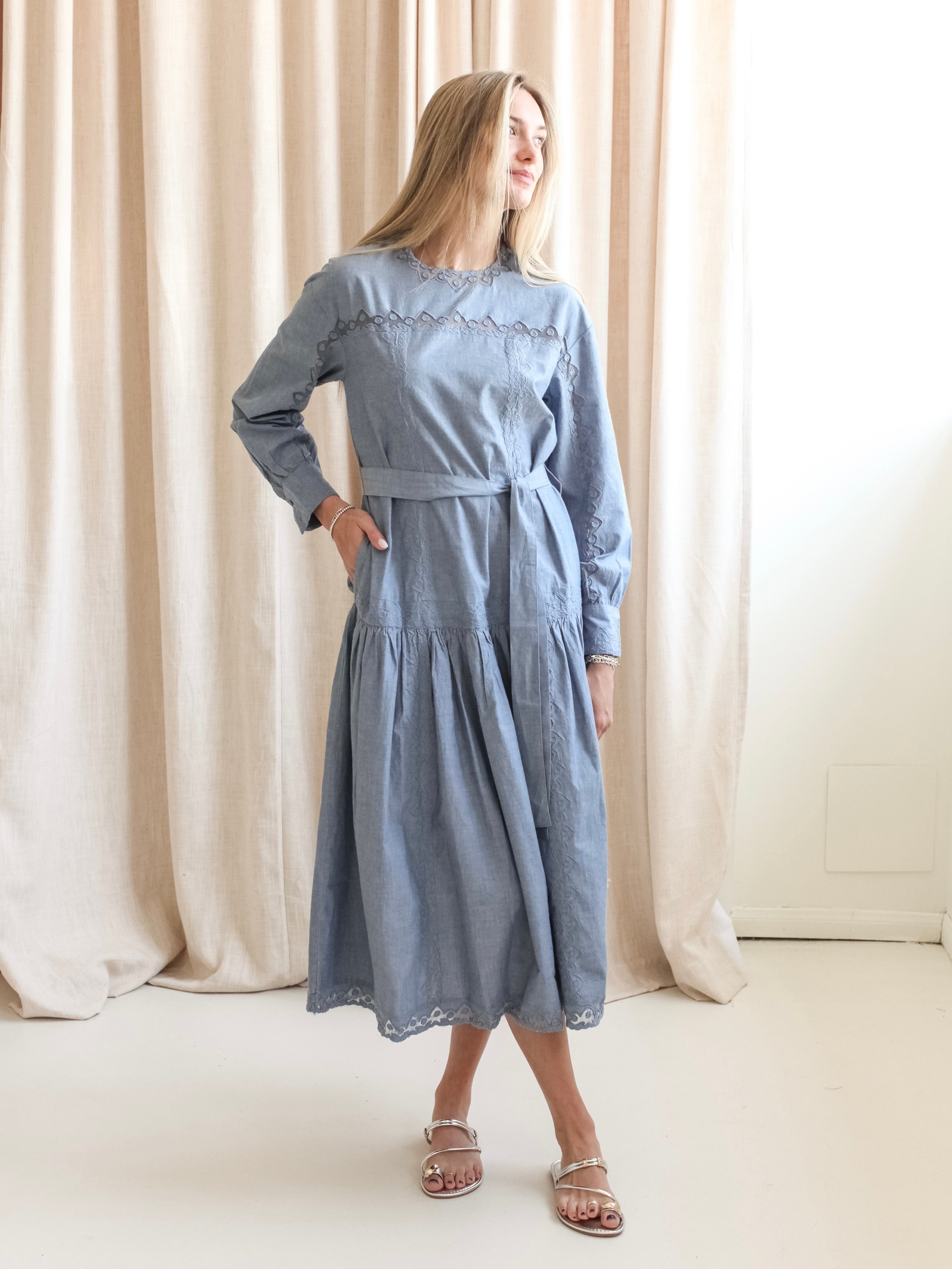 Ulla Johnson Brin Drop Waist Long Sleeve Dress - Chambray