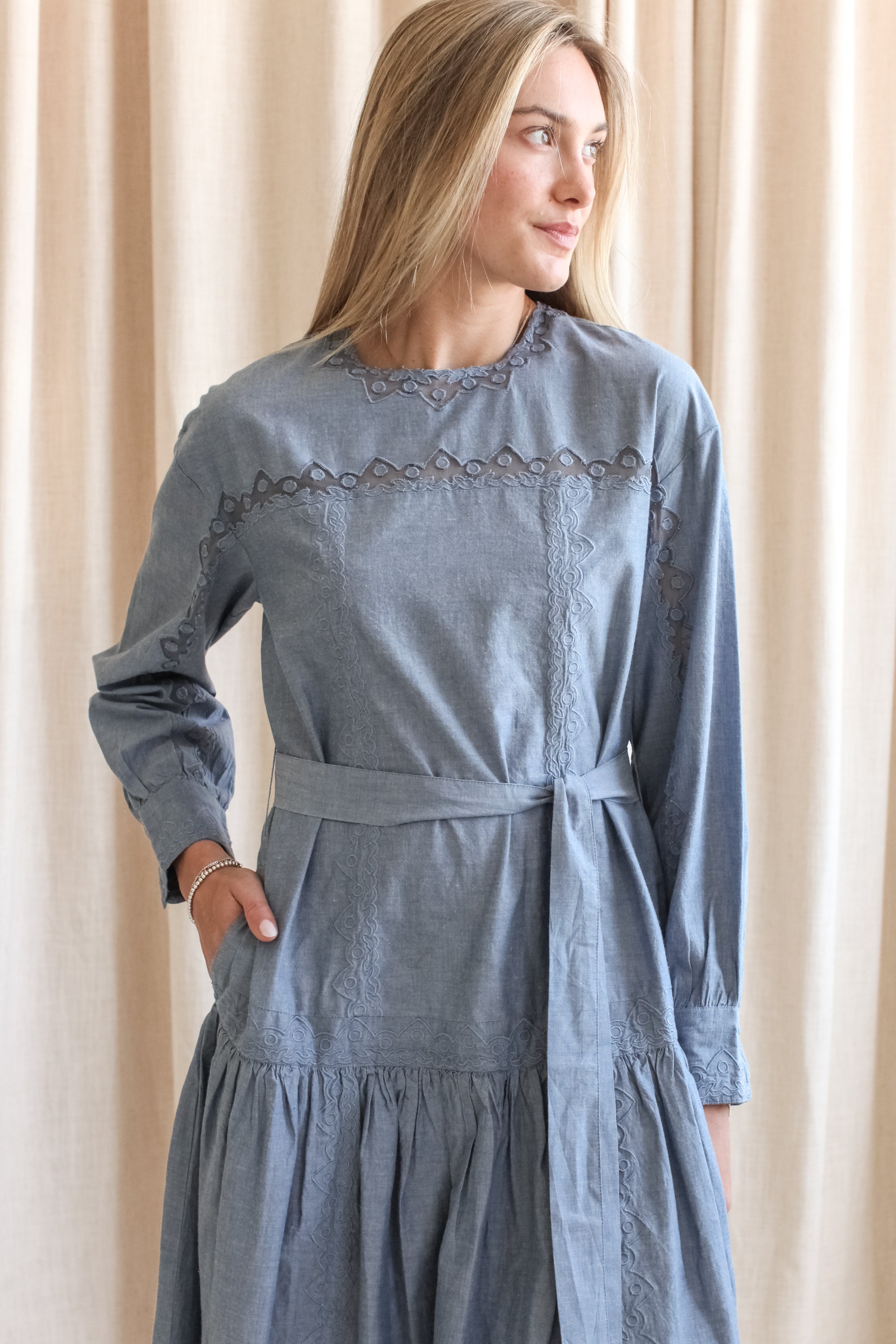 Ulla Johnson Brin Drop Waist Long Sleeve Dress - Chambray