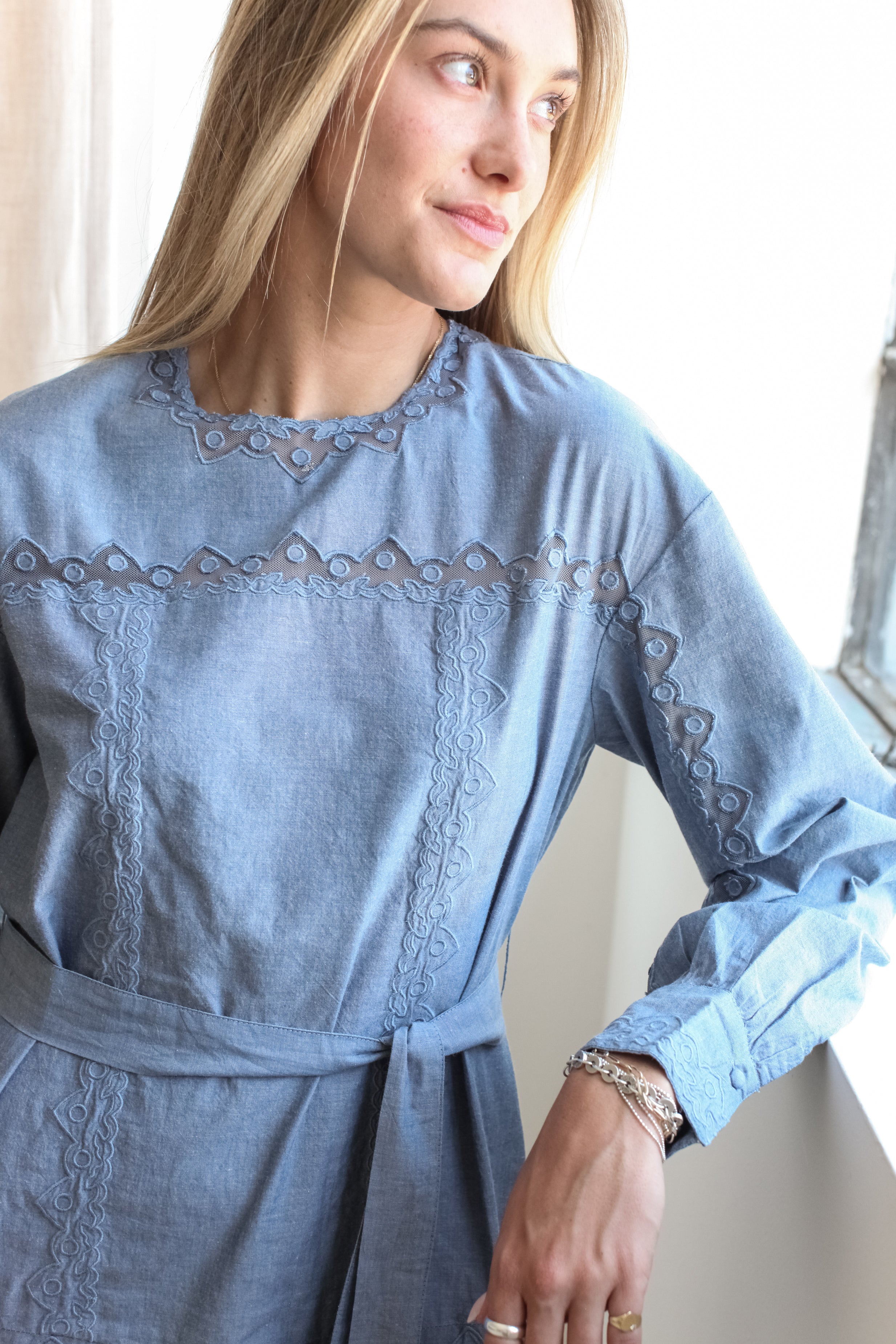 Ulla Johnson Brin Drop Waist Long Sleeve Dress - Chambray