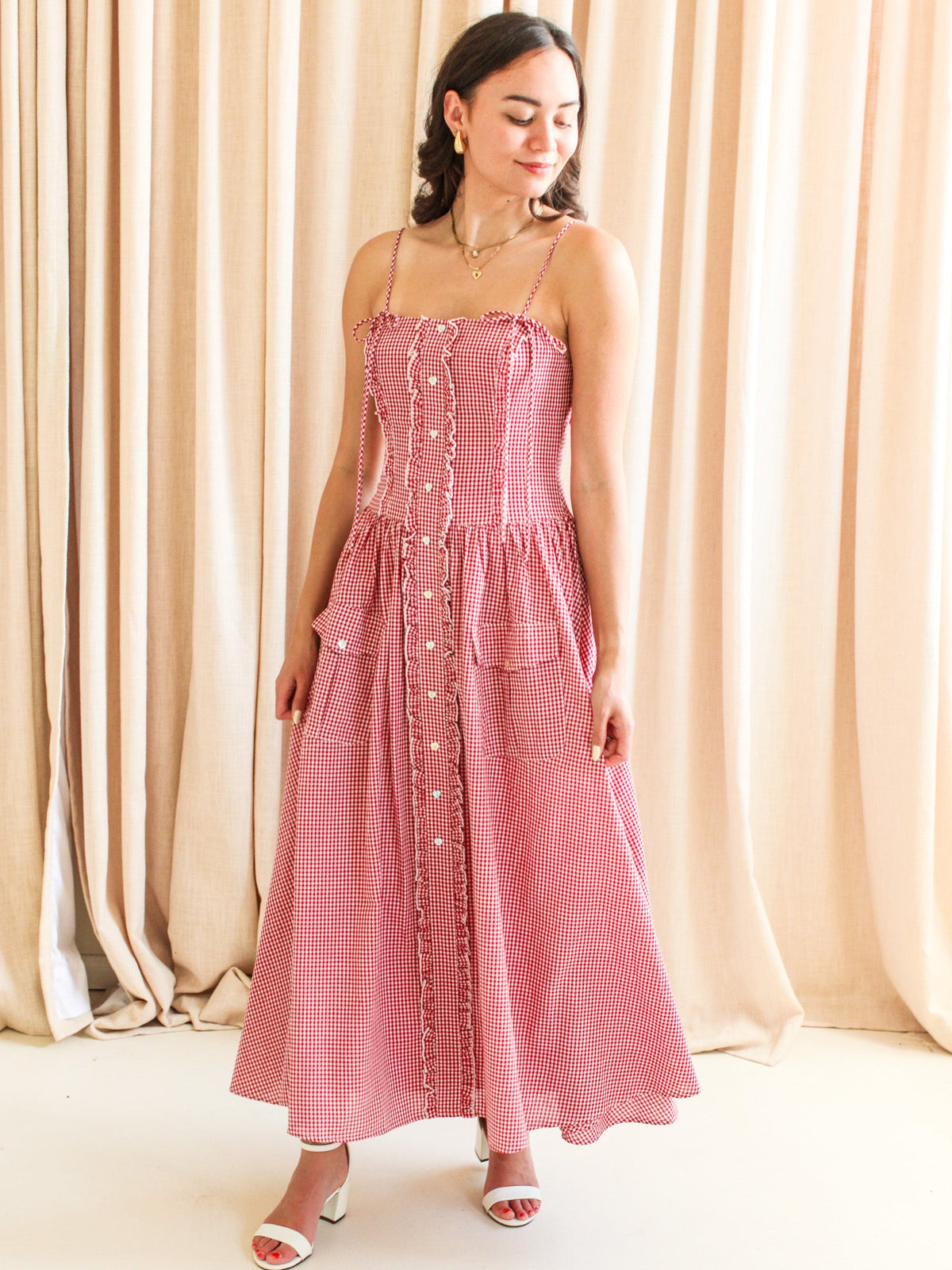 Emery Gingham Midi Dress - Red