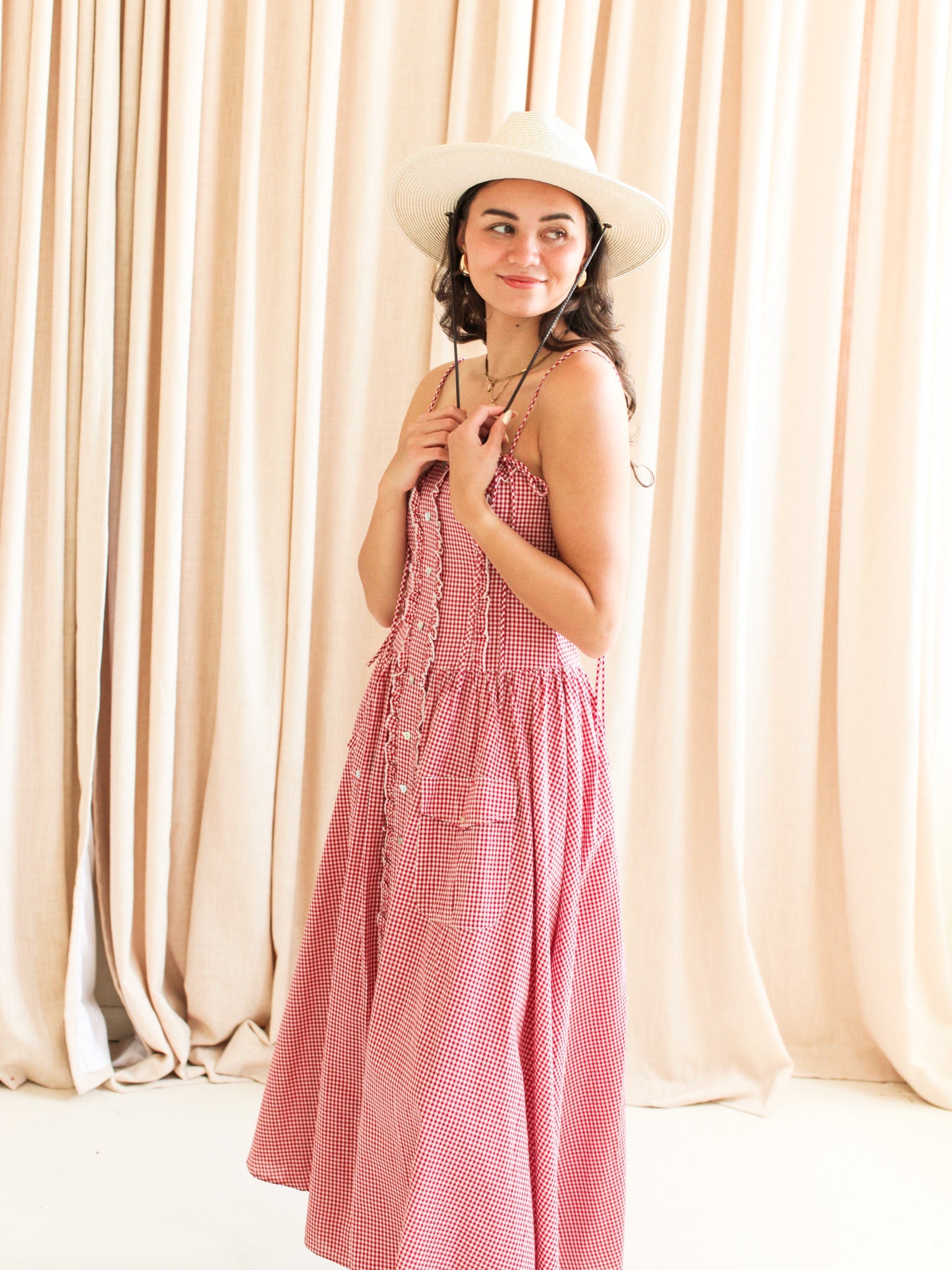 Emery Gingham Midi Dress - Red