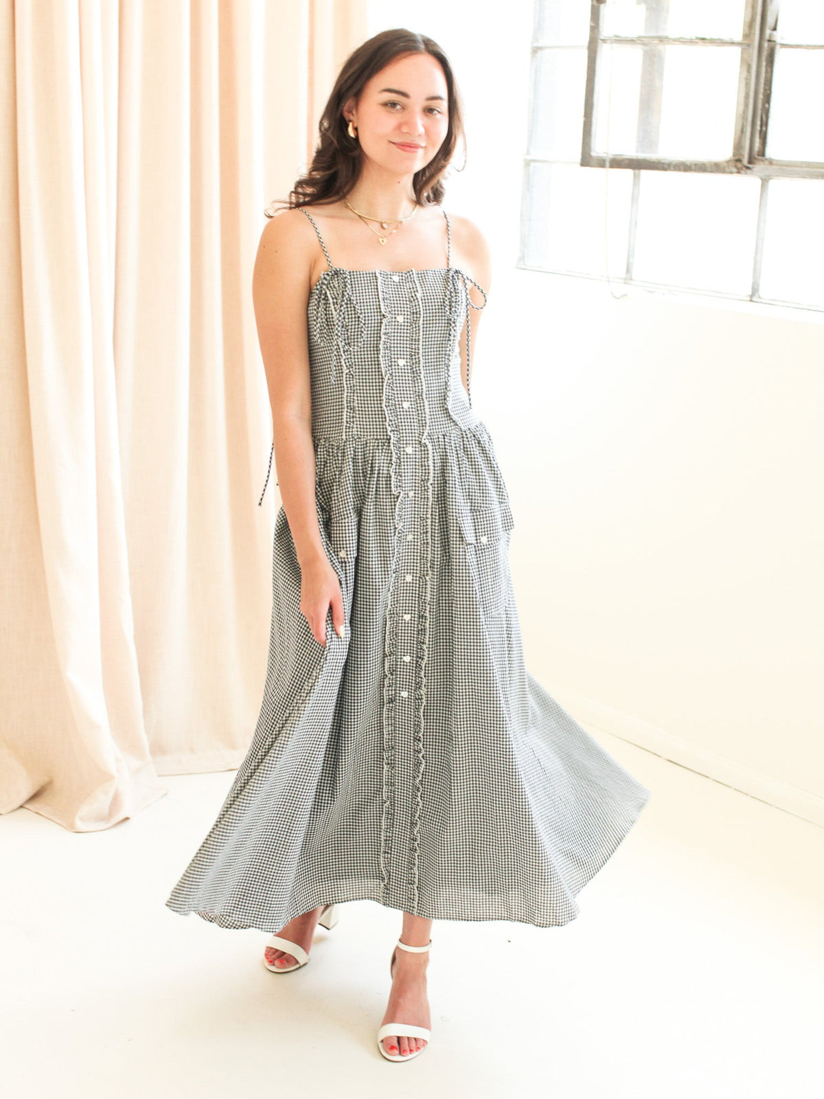 Emery Gingham Midi Dress - Navy