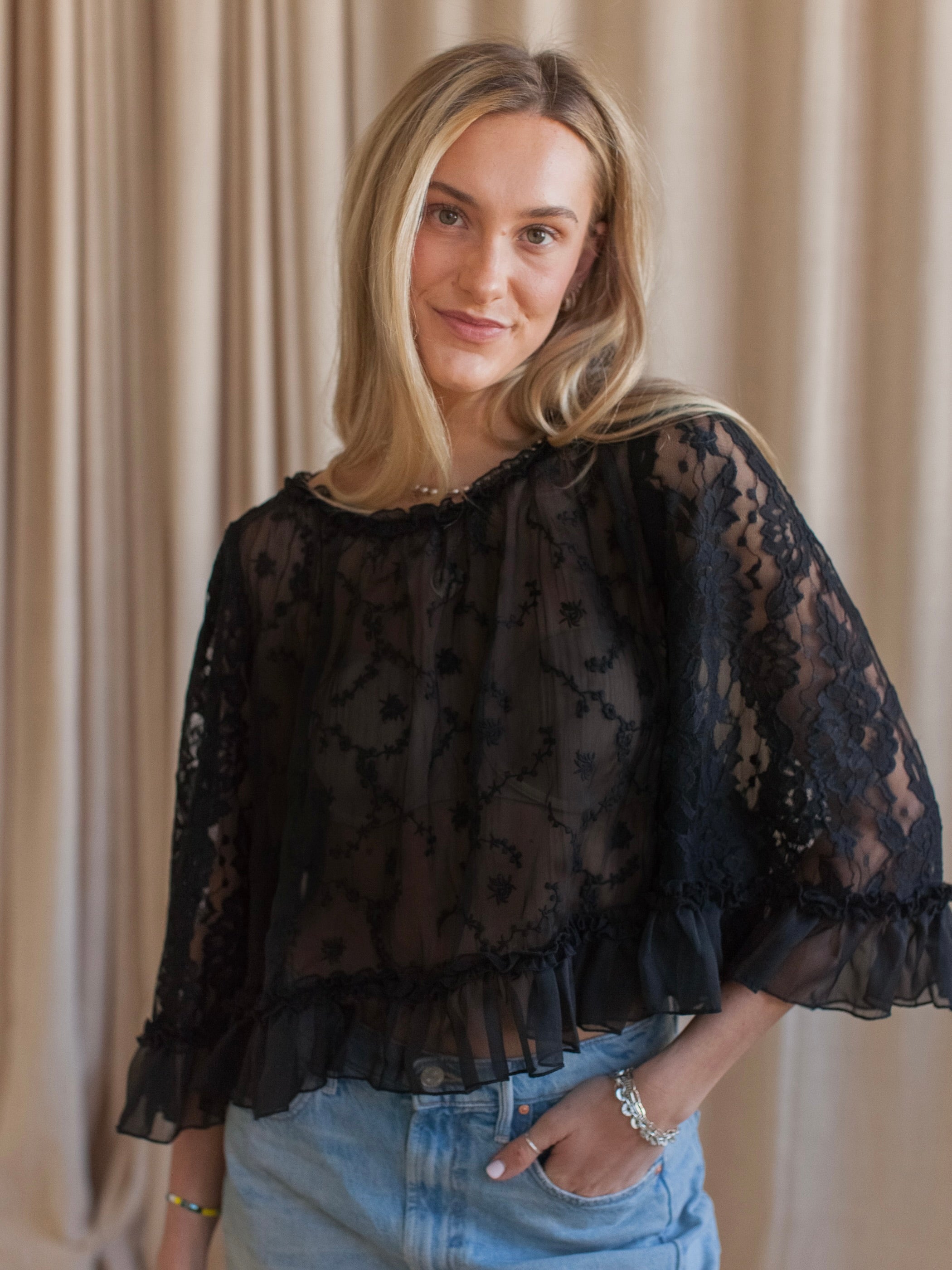 Lace Cape Blouse - Black