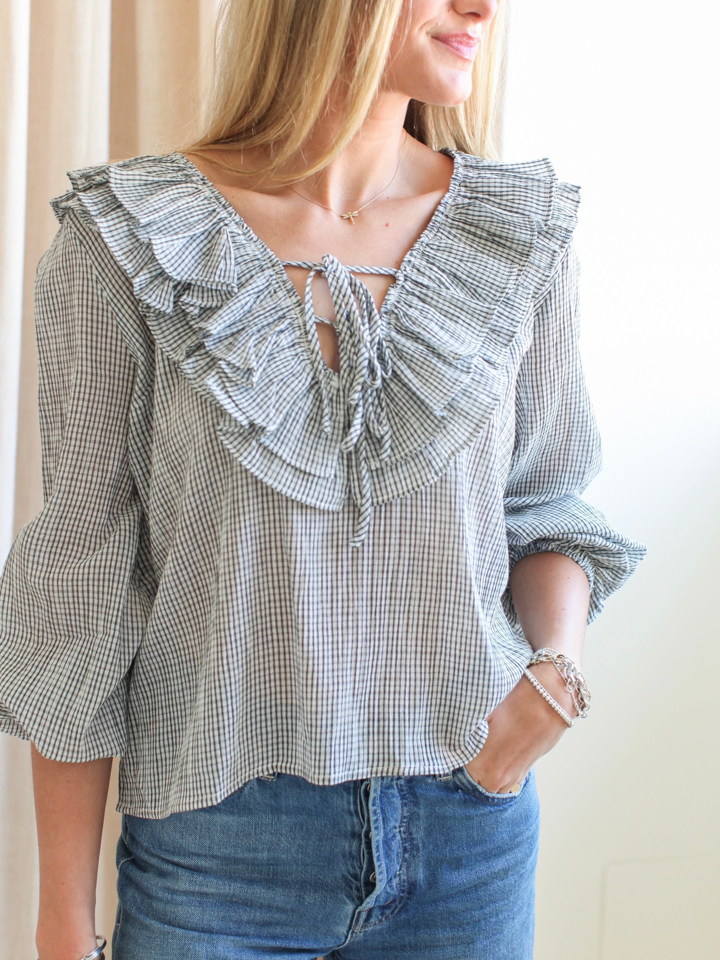 Rachelle Ruffle Blouse- Plaid