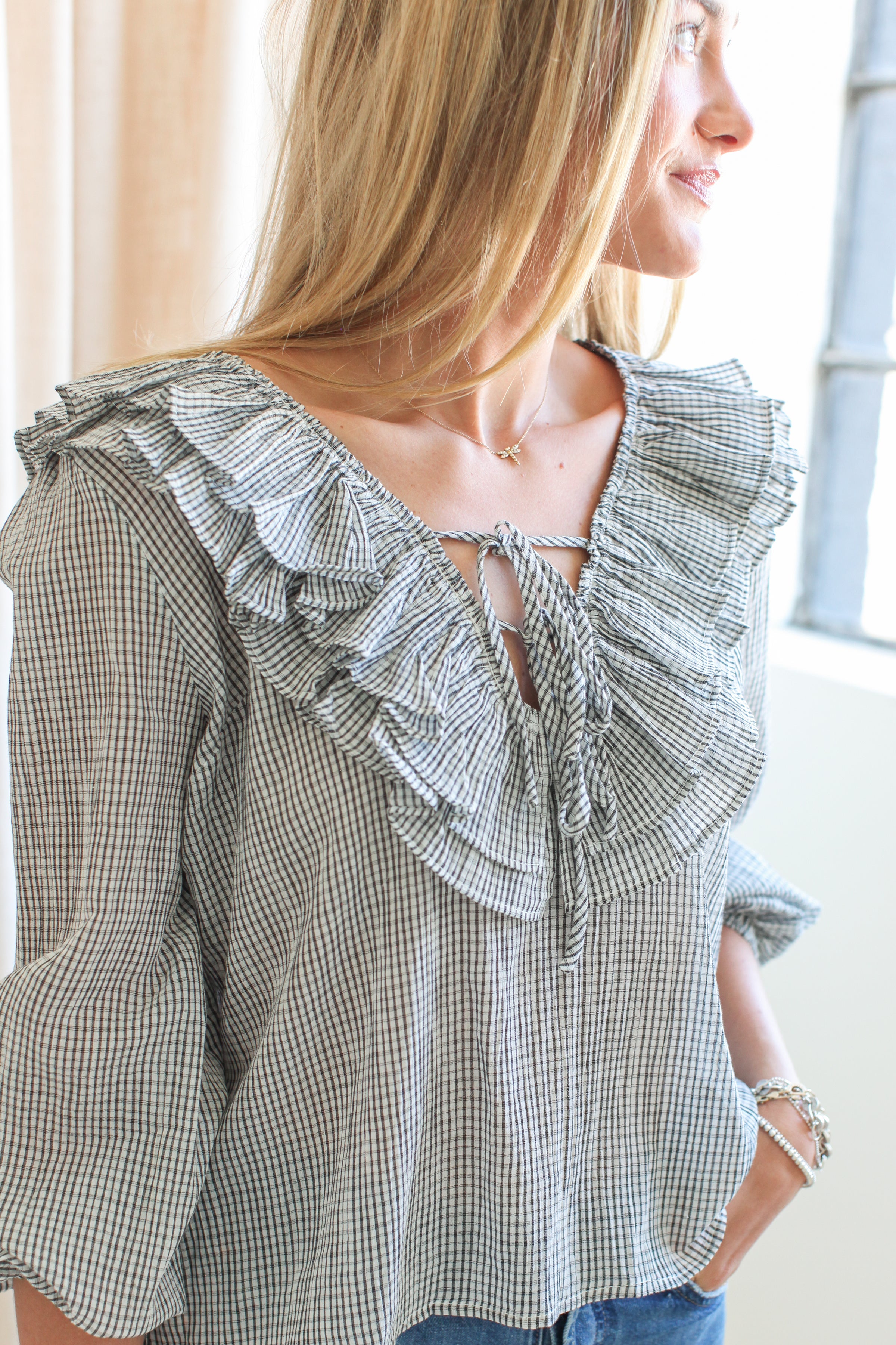 Rachelle Ruffle Blouse- Plaid