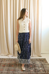 Navy Embroidered Midi Skirt