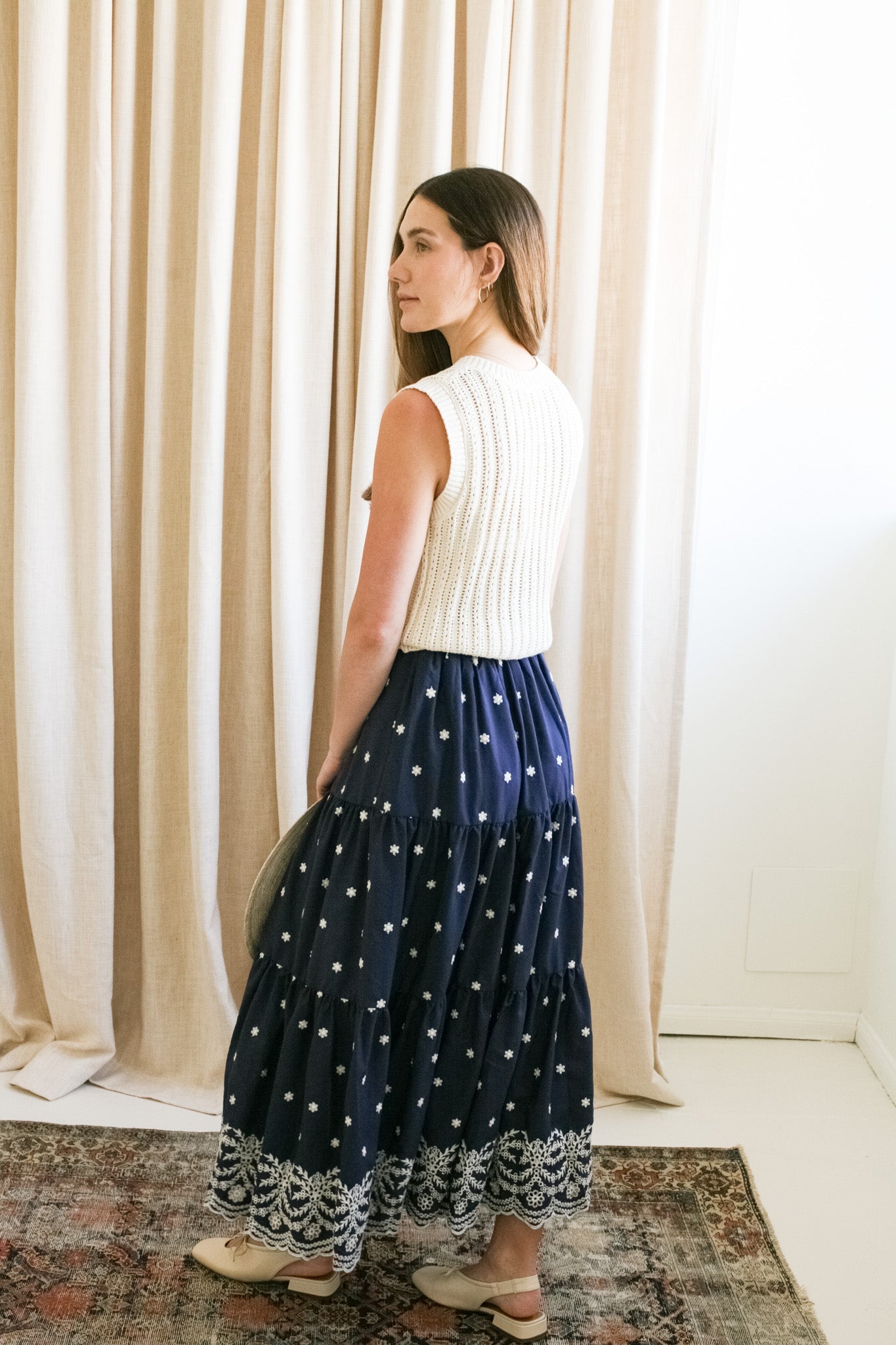 Navy Embroidered Midi Skirt