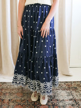 Navy Embroidered Midi Skirt