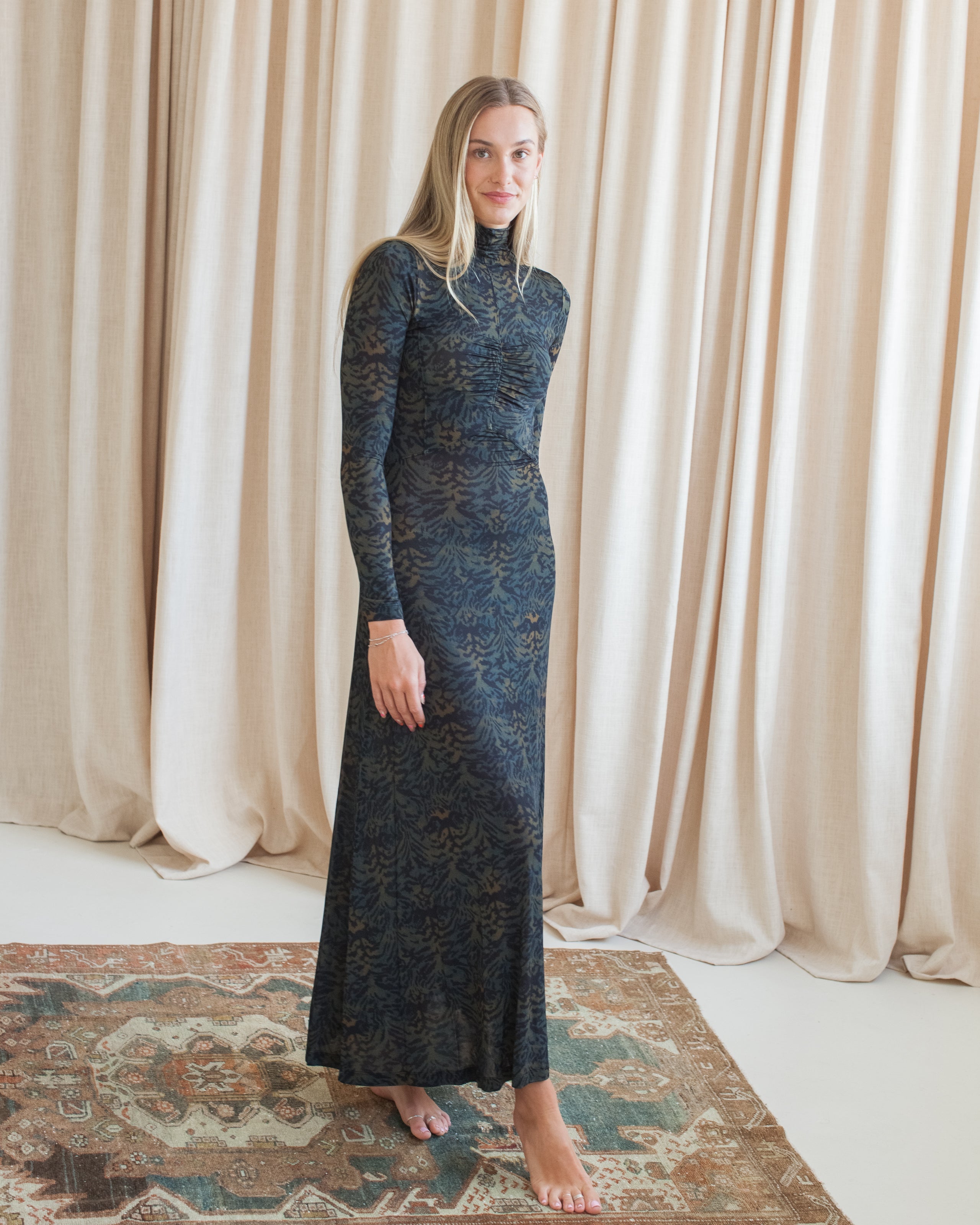 Ulla Johnson Koa Jersey Ruched Front Turtleneck Dress- Desert Jasper