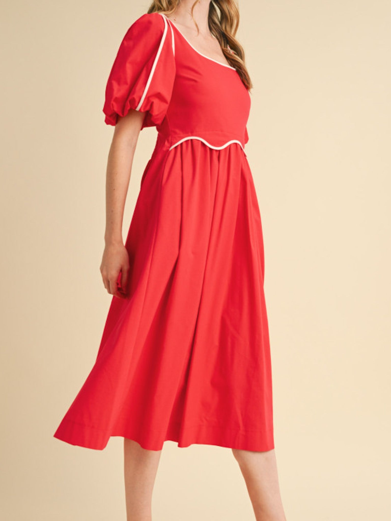 Red Scallop Midi Dress