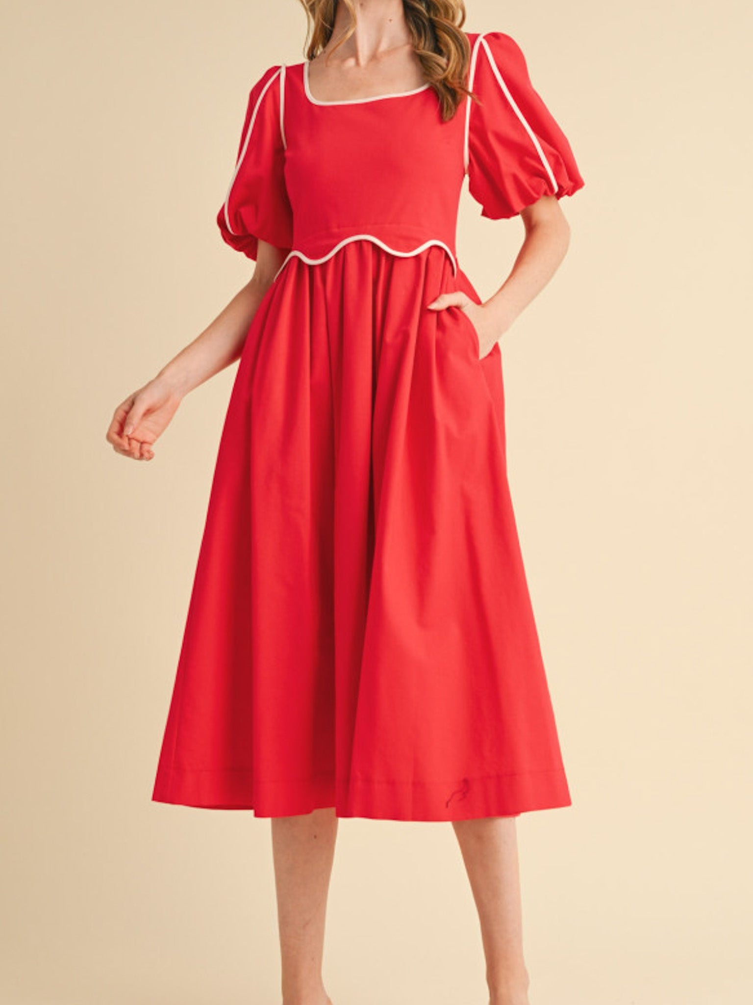 Red Scallop Midi Dress
